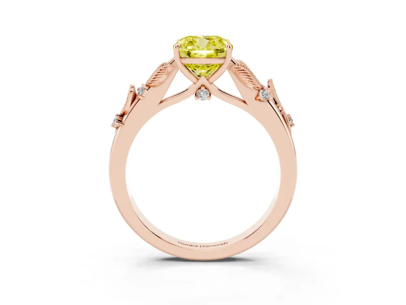 Cushion Cut Leaf Solitaire Engagement Ring Setting for a Fancy Yellow Lab-Grown Diamond | Rose Gold