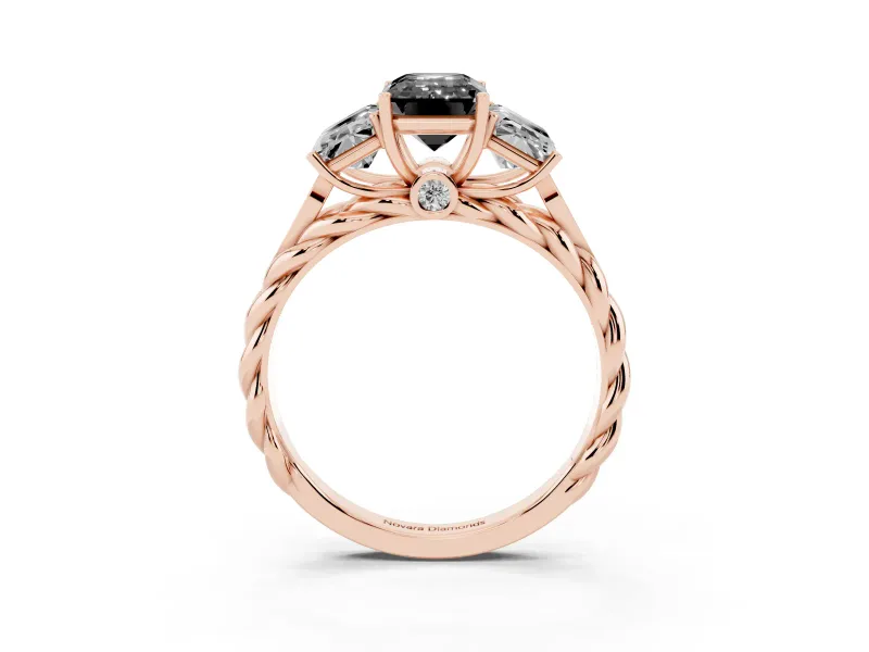 Fancy Black Emerald Cut Diamond Three-Stone Ring Set in Rose gold with Braided Band