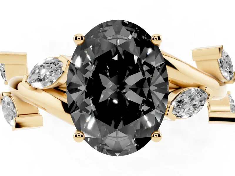 Oval Twisted Vine Engagement Ring Setting for a Black Center | Marquise Side Stones | Yellow Gold