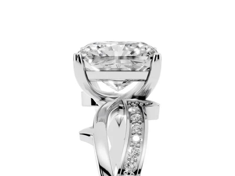 Radiant Cut Diamond Pavé Twist Band Solitaire Ring Set in Platinum with Prong Setting