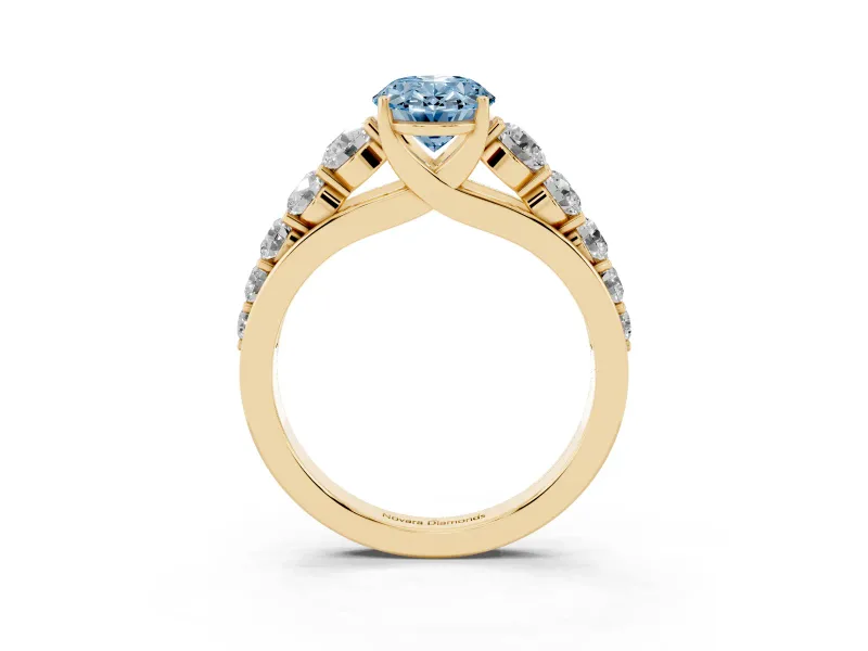 Oval Graduated Side Stone Engagement Ring Setting for a Fancy Blue Lab-Grown Diamond | Flat Top Band | Yellow Gold