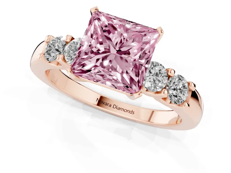 Fancy Pink Princess Cut Diamond Five-Stone Prong Set Engagement Ring Set in Rose gold with Channel Band