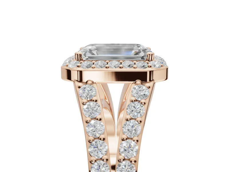 Emerald Cut Halo Pavé Engagement Ring Setting | Narrow Split Shank | Rose Gold