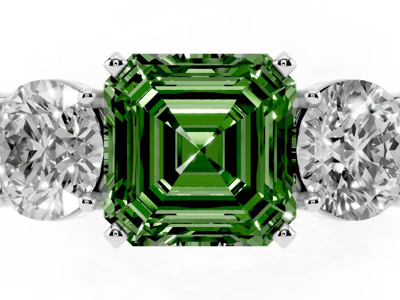 Asscher Cut Three Stone Engagement Ring Setting for a Fancy Green Lab-Grown Diamond | Wide Plain Band | Platinum
