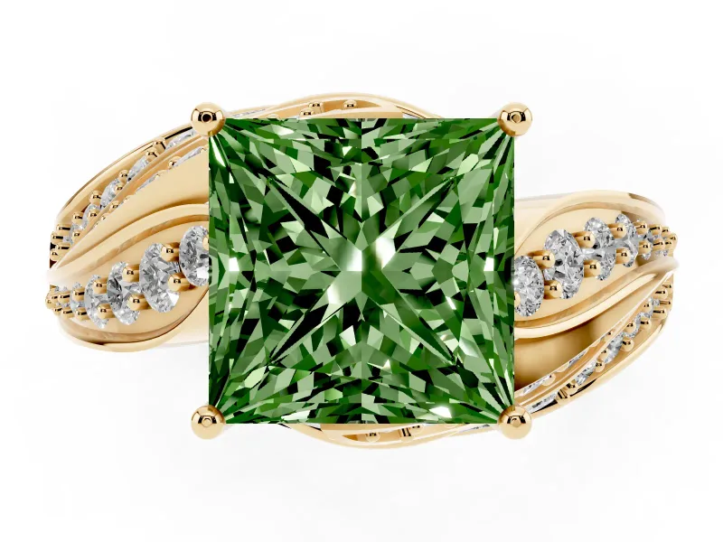 Princess Cut Bypass Pavé Engagement Ring Setting for a Fancy Green Lab-Grown Diamond | Graduated Pavé | Yellow Gold