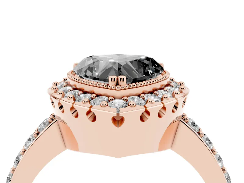 Heart-Shaped Milgrain Halo Engagement Ring Setting for a Black Center | Pavé Shoulders | Rose Gold