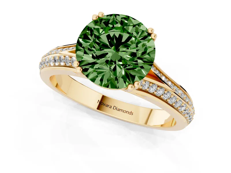Round Pave Split Shank Engagement Ring Setting for a Fancy Green Lab-Grown Diamond | Double Claw Prongs | Yellow Gold