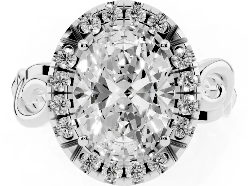 Oval Cut Diamond Halo Ring Set in White gold with Scrollwork Band and Prong Setting