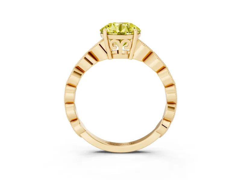Fancy Yellow Round Cut Diamond Solitaire Ring Set in Yellow gold with Infinity Twist Pavé Band