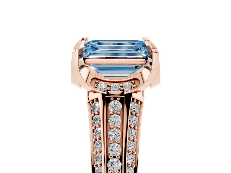 Emerald Cut Hidden Halo Engagement Ring Setting for a Fancy Blue Lab-Grown Diamond | Triple Row Pavé Band | Rose Gold