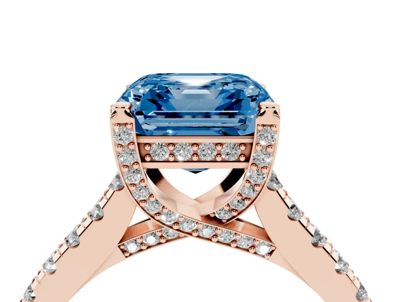 Asscher Cut Hidden Halo Pave Engagement Ring Setting for a Fancy Blue Lab-Grown Diamond | Claw Prongs | Rose Gold
