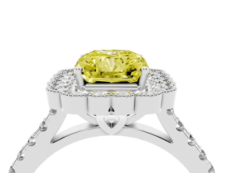 Fancy Yellow Radiant Cut Diamond Milgrain Floral Halo Engagement Ring Set in Silver with Pavé Band