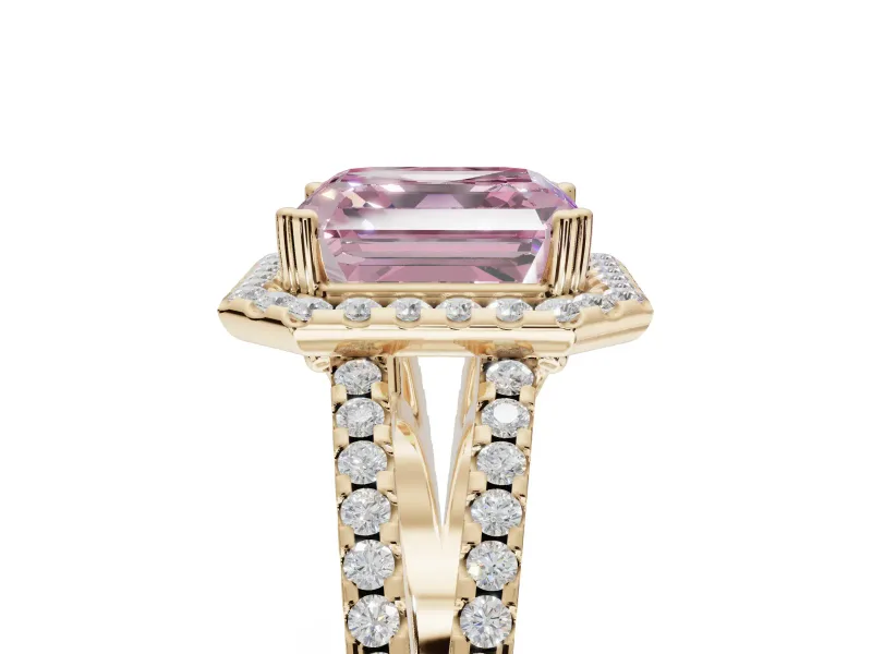 Asscher Cut Halo Split Shank Engagement Ring Setting for a Fancy Pink Lab-Grown Diamond | Pavé Shoulders | Yellow Gold