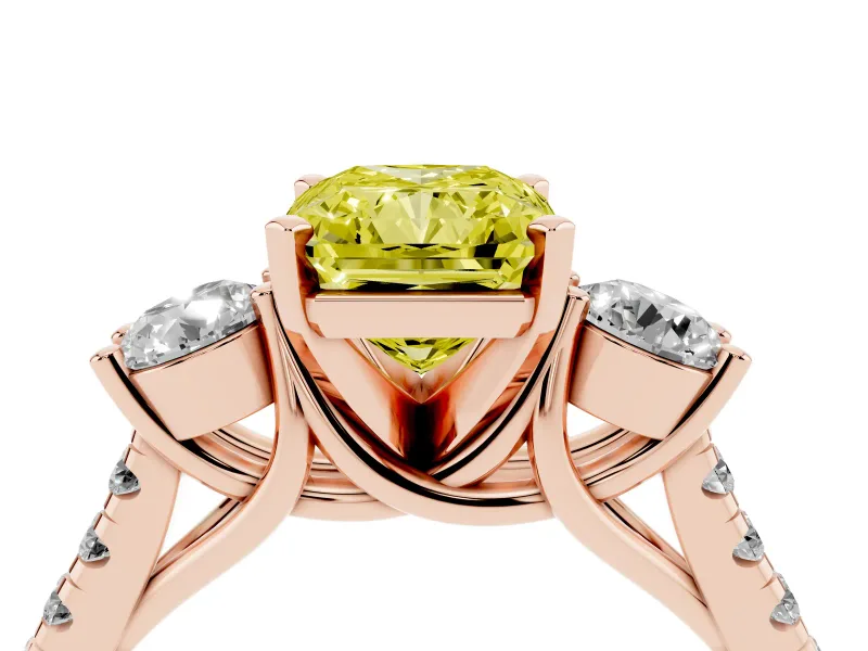 Fancy Yellow Three-Stone Radiant Cut Diamond Pavé Band Ring Set in Rose gold with Prong-Set Trio