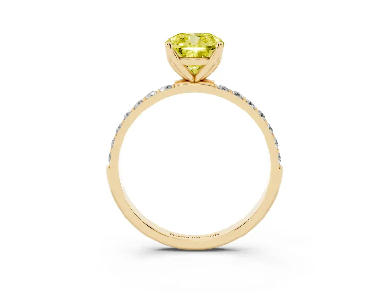 Cushion Cut Pave Solitaire Engagement Ring Setting for a Fancy Yellow Lab-Grown Diamond | Slim Band | Yellow Gold