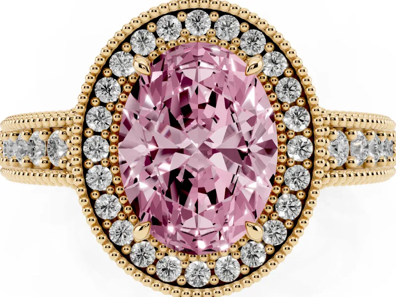 Fancy Pink Oval Cut Diamond Halo Ring Set in Yellow gold with Round Accent Halo, Pavé Band and Prong Setting