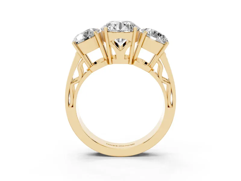 Round Three Stone Engagement Ring Setting | Beaded Shoulders | Yellow Gold
