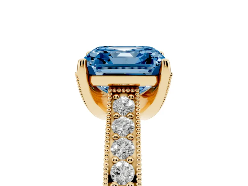 Asscher Cut Hidden Halo Engagement Ring Setting for a Fancy Blue Lab-Grown Diamond | Milgrain Pave | Yellow Gold