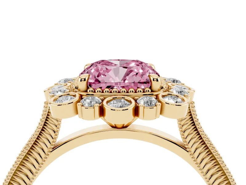 Fancy Pink Cushion Cut Diamond Halo Milgrain Pavé Ring Set in Yellow gold with Prong Setting
