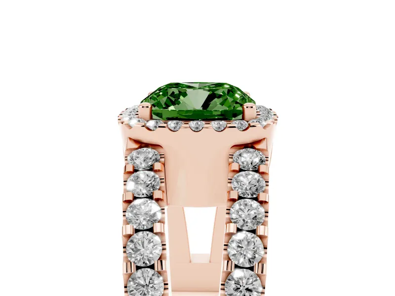 Fancy Green Cushion Cut Diamond Halo Ring Set in Rose gold with Pavé Split Shank and Prong Setting