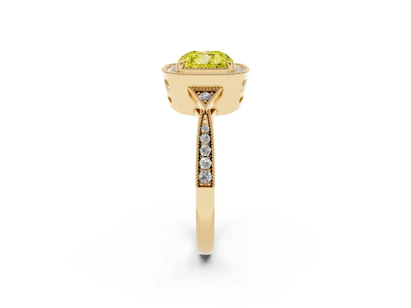 Cushion Cut Milgrain Halo Engagement Ring Setting for a Fancy Yellow Lab-Grown Diamond | Graduated Pavé | Yellow Gold