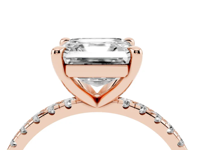 Asscher Cut Diamond Brilliant Solitaire Ring Set in Rose gold with Pavé Band and Prong Setting