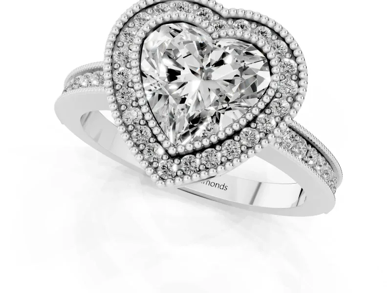 Heart Cut Diamond Halo Ring Set in Platinum with Pavé Band and Milgrain-Edged Prongs