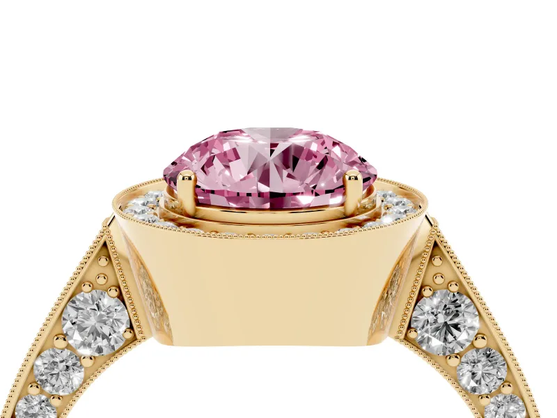 Round Milgrain Halo Engagement Ring Setting for a Fancy Pink Lab-Grown Diamond | Side Stones | Yellow Gold
