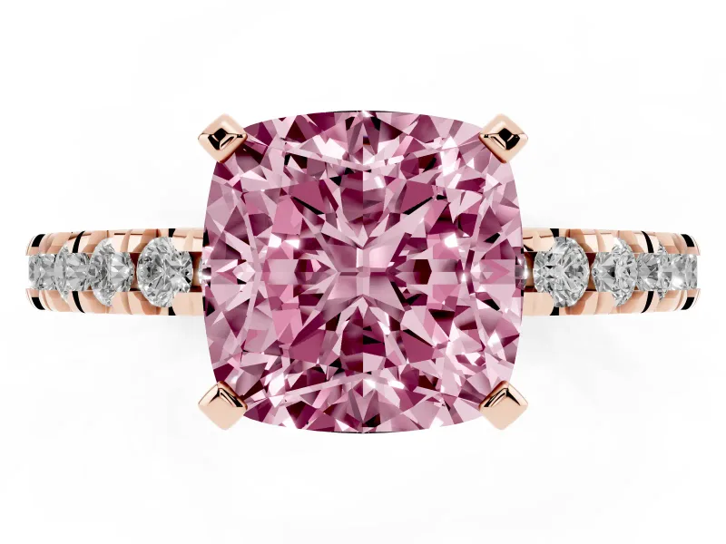 Fancy Pink Cushion Cut Diamond Pavé Band Solitaire Set in Rose gold with Prong Setting