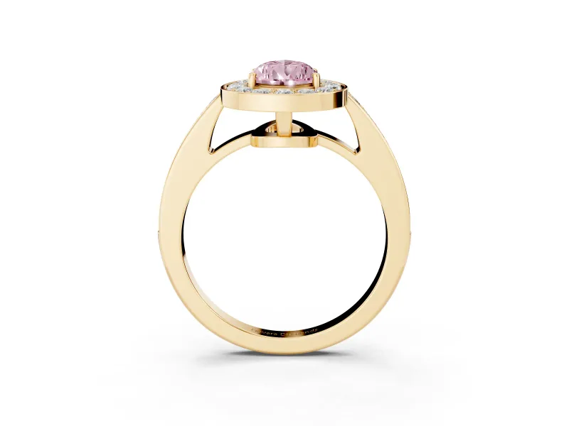 Fancy Pink Pear Cut Diamond Halo Pavé Engagement Ring Set in Yellow gold with Bezel Setting