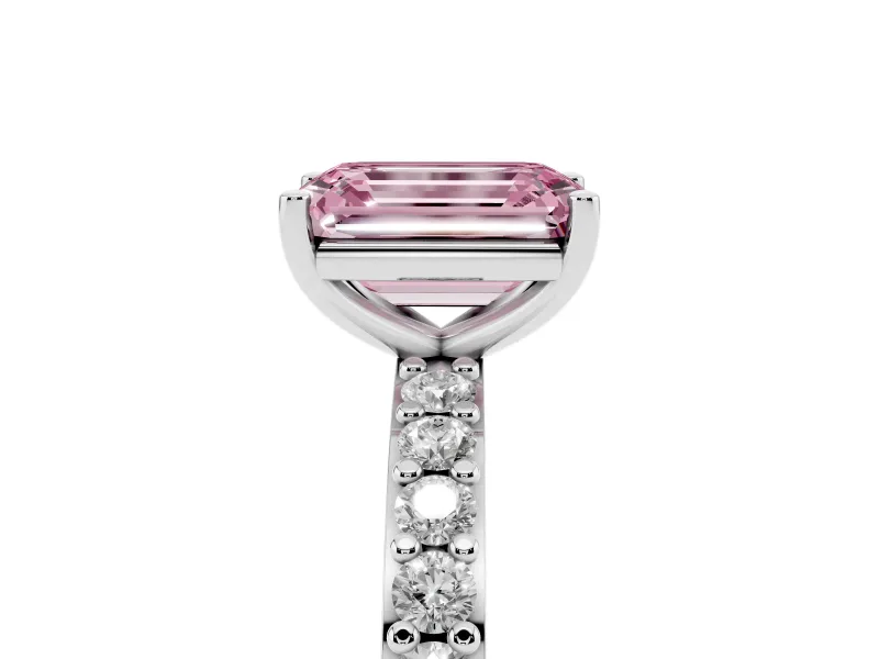 Fancy Pink Emerald Cut Diamond Solitaire Set in White gold with Round Pavé Band and Prong Setting