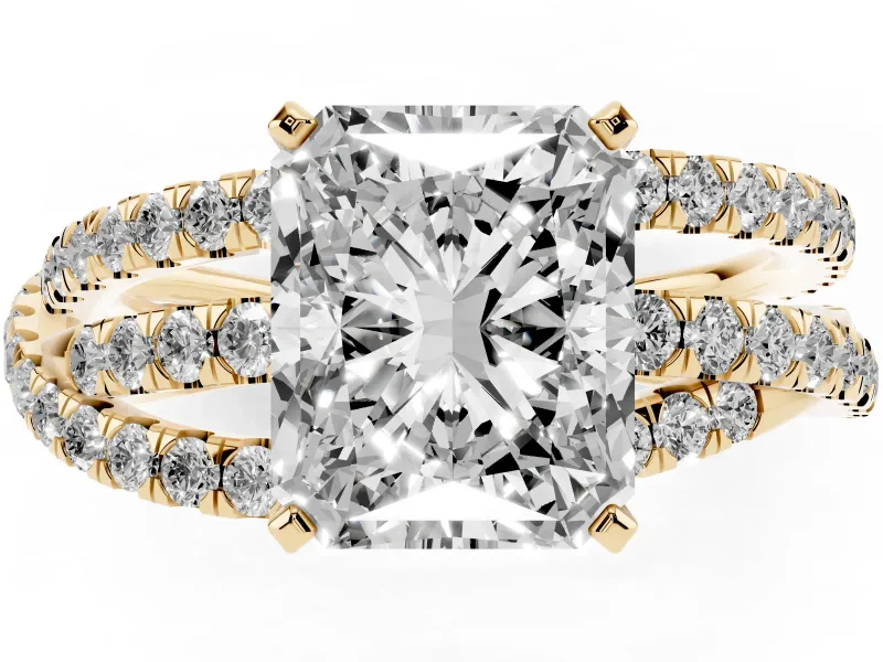 Radiant Cut Twisted Pavé Solitaire Engagement Ring Setting | Three-Strand Band | Yellow Gold