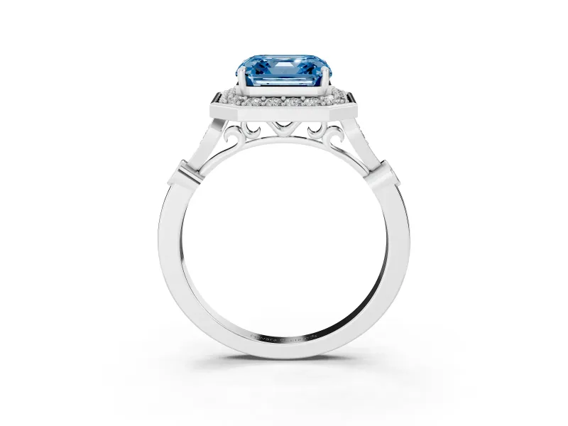 Asscher Cut Halo Engagement Ring Setting for a Fancy Blue Lab-Grown Diamond | Bezel Station Shoulders | Sterling Silver