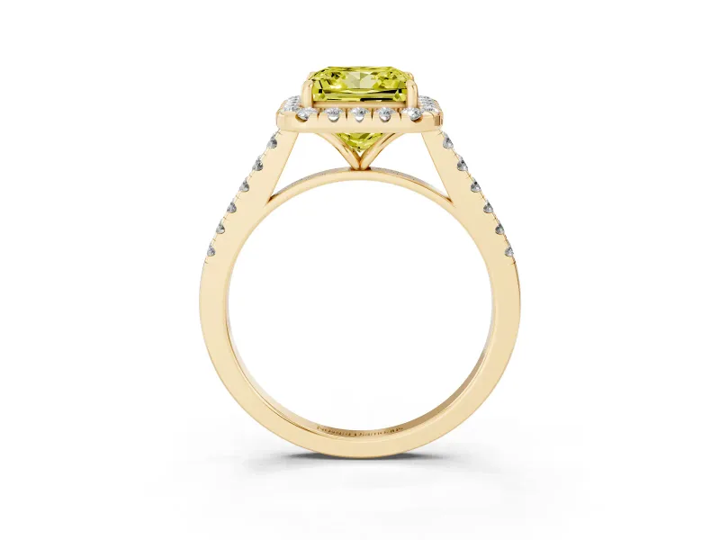 Princess Cut Halo Engagement Ring Setting for a Fancy Yellow Lab-Grown Diamond | Pave Shoulders | Yellow Gold