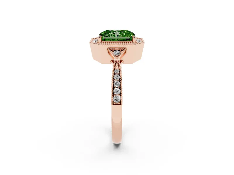 Fancy Green Radiant Cut Diamond Halo Engagement Ring Set in Rose gold with Milgrain Pavé Band