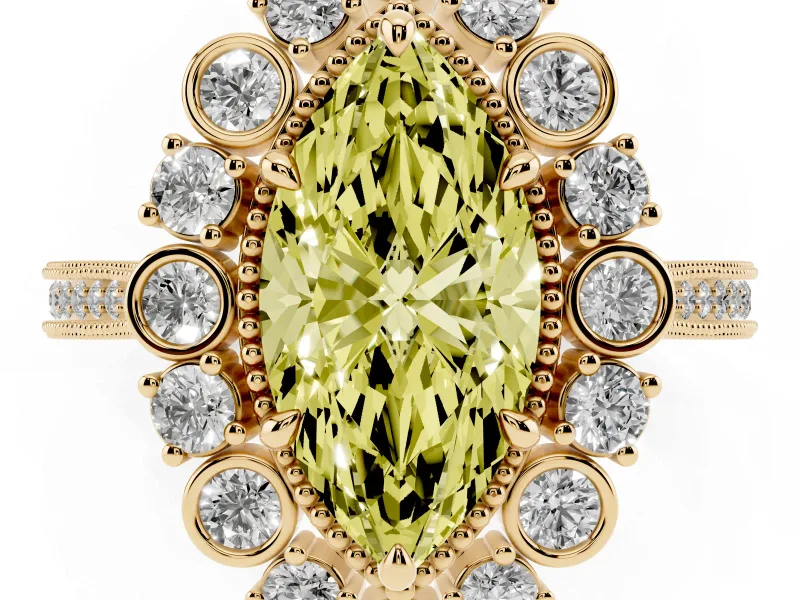 Fancy Yellow Marquise Cut Diamond Halo Milgrain Pavé Ring Set in Yellow gold with Prong Setting