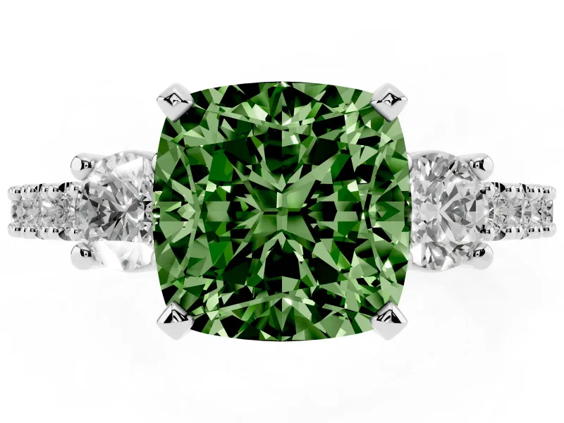 Cushion Cut Three Stone Pavé Engagement Ring Setting for a Fancy Green Lab-Grown Diamond | Round Side Stones | Platinum
