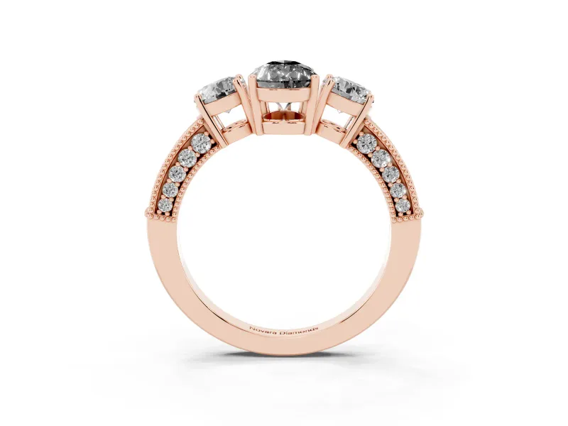 Pear-Shaped Three Stone Engagement Ring Setting for a Black Center | Graduated Pavé Band | Rose Gold