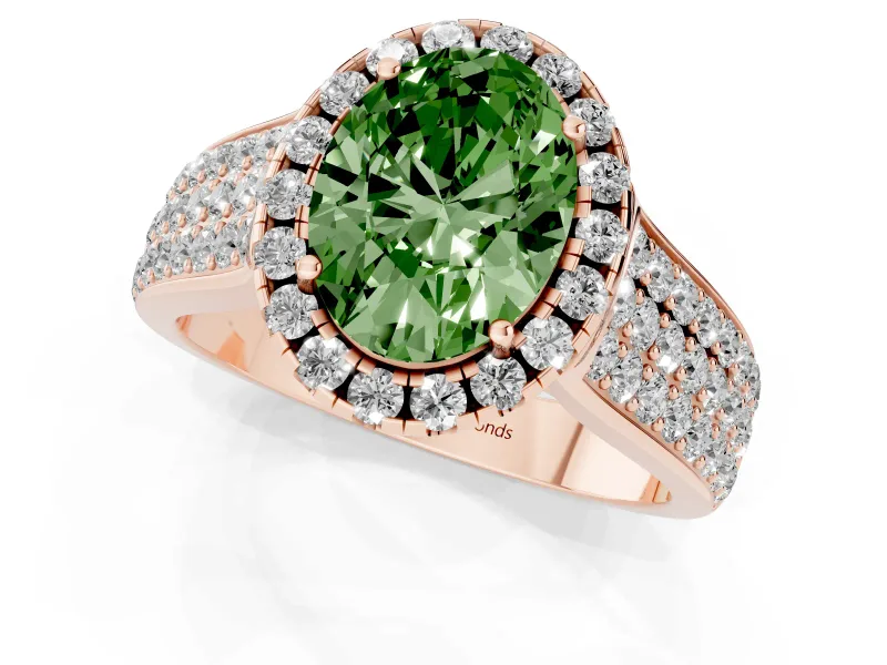 Fancy Green Oval Cut Diamond Halo Ring Set in Rose gold with Pavé Band and Raised Center Setting