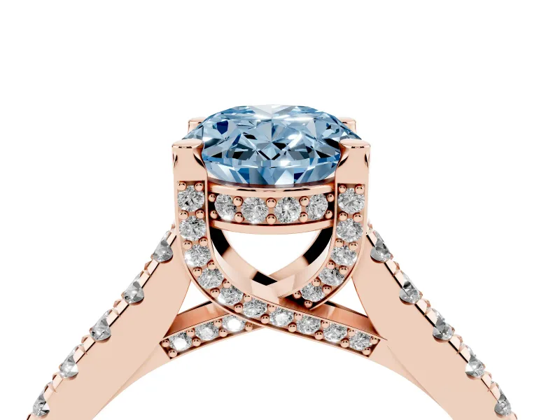 Oval Hidden Halo Pave Engagement Ring Setting for a Fancy Blue Lab-Grown Diamond | Claw Prongs | Rose Gold
