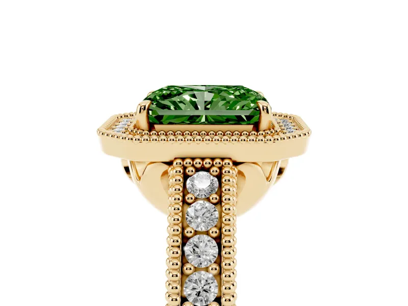 Radiant Cut Milgrain Halo Engagement Ring Setting for a Fancy Green Lab-Grown Diamond | Carved Leaf Detail | Yellow Gold