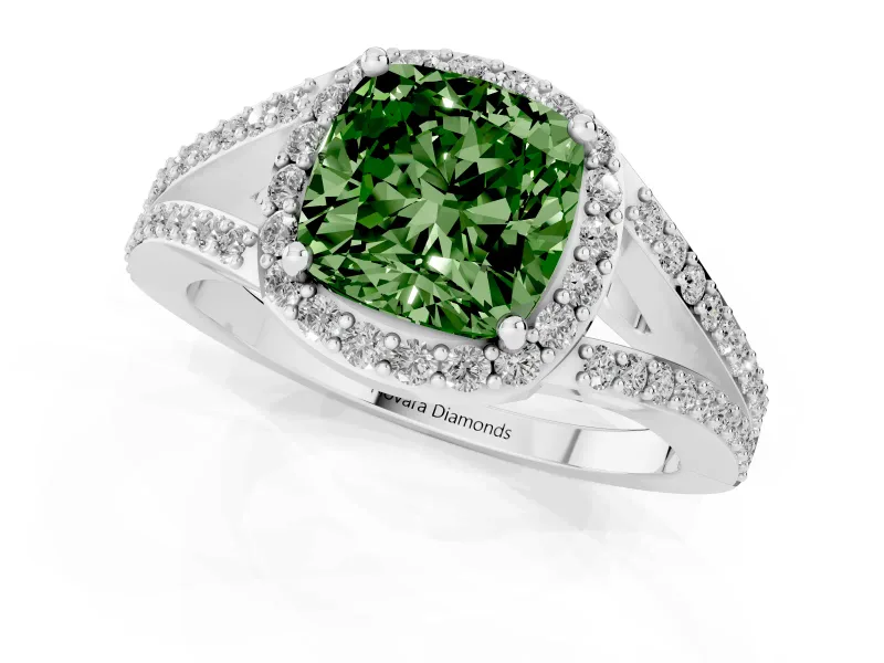 Cushion Cut Halo Engagement Ring Setting for a Fancy Green Lab-Grown Diamond | V-Split Pavé Band | Sterling Silver