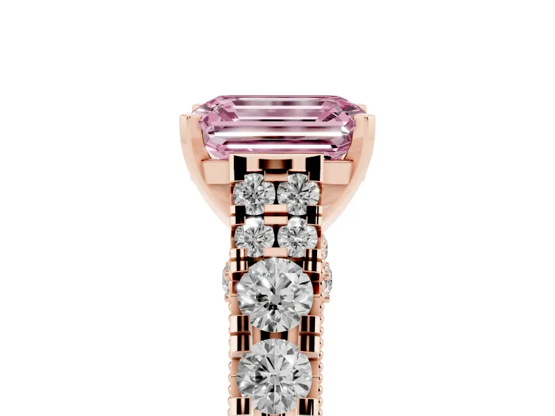 Emerald Cut Graduated Cathedral Engagement Ring Setting for a Fancy Pink Lab-Grown Diamond | Side Stones | Rose Gold
