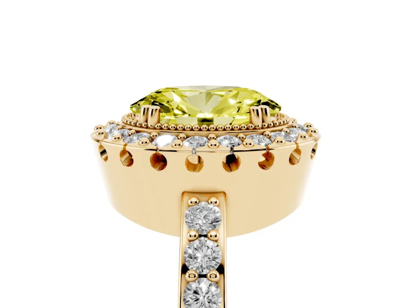 Fancy Yellow Oval Cut Diamond Halo Ring Set in Yellow gold with Pavé Shank and Prong Setting