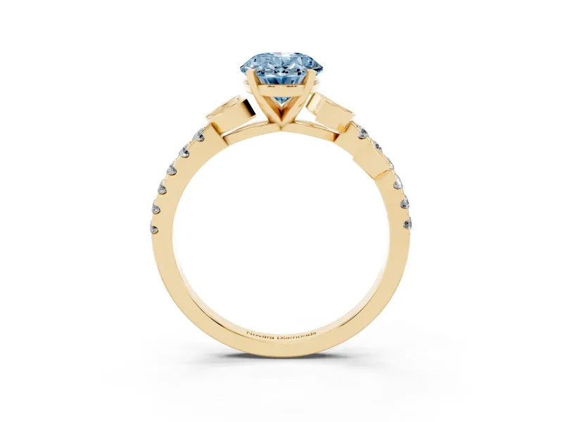 Fancy Blue Oval Cut Diamond Solitaire Leaf-Inspired Ring Set in Yellow gold with Pavé Band and Prong Setting