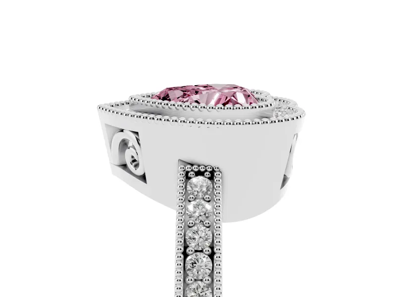 Fancy Pink Heart Cut Diamond Round Halo Ring Set in Platinum with Pavé Band