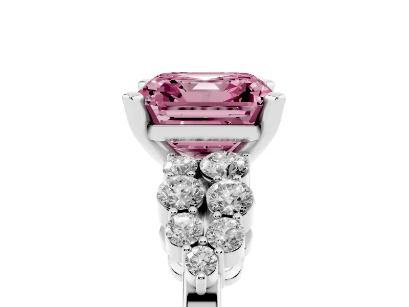 Asscher Cut Side Stone Engagement Ring Setting for a Fancy Pink Lab-Grown Diamond | Shoulder Clusters | Sterling Silver