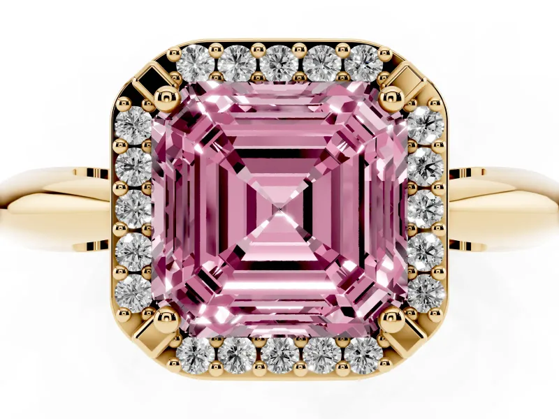 Asscher Cut Halo Engagement Ring Setting for a Fancy Pink Lab-Grown Diamond | Plain Tapered Band | Yellow Gold
