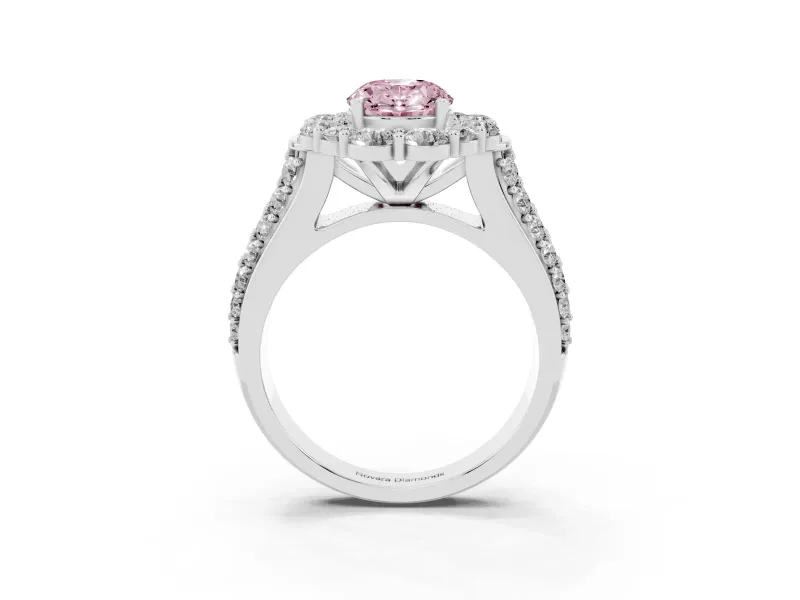 Fancy Pink Oval Cut Diamond Halo Engagement Ring Set in Silver with Split Shank and Prong Setting