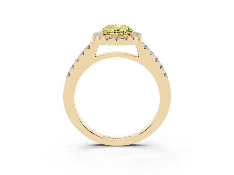 Fancy Yellow Oval Cut Diamond Halo Pavé Solitaire Ring Set in Yellow gold with Prong-Set Center Stone